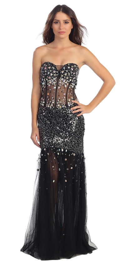 Strapless Sequins & Beads Floor Length Formal Prom Dress