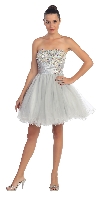 Strapless Rhinestones Bust Short Tulle Party Dress in Silver