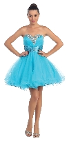 Strapless Sequined Bust Short Tulle Prom Party Dress in Turquoise