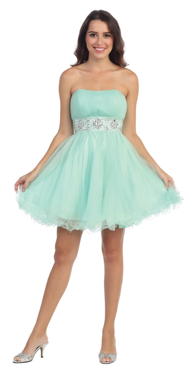 Strapless Pleated Rhinestone Waist Short Party Dress