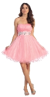Strapless Pleated Rhinestone Waist Short Party Dress  in Pink