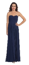 Strapless Pleated Bodice Long Formal Bridesmaid Dress in Navy