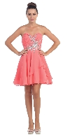 Strapless Shirred Beaded Bust Short Formal Prom Dress in Coral