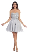 Strapless Lace & Beads Bodice Short Party Bridesmaid Dress in Silver