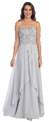 Strapless Lace Beaded Bodice Long Formal Bridesmaid Dress in Silver