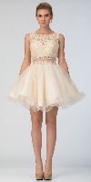 Beaded Lace Bust Mesh Babydoll Skirt Short Dress in Gold