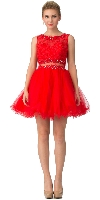 Beaded Lace Bust Mesh Babydoll Skirt Short Dress in Red