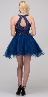 Lace High Neck Top Sheer Waist Babydoll Homecoming Dress in Navy