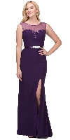 Round Neck Bejeweled Waist Long Formal Bridesmaid Dress in Egg Plant