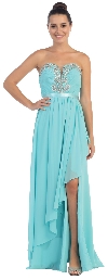 Strapless Ruffled Overlay Beaded Long Formal Evening Dress in Teal Blue