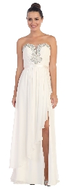 Strapless Ruffled Overlay Beaded Long Formal Evening Dress in White