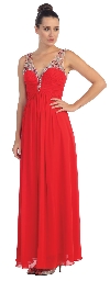 V-Neck Bejeweled Bust & Shoulders Long Formal Evening Dress in Red