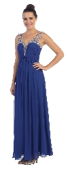 V-Neck Bejeweled Bust & Shoulders Long Formal Evening Dress in Royal Blue