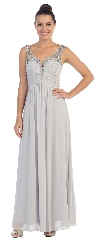 V-Neck Bejeweled Bust & Shoulders Long Formal Evening Dress in Silver