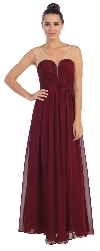 V-Neck Mesh Shoulders Shirred Bust Long Bridesmaid Dress in Burgundy