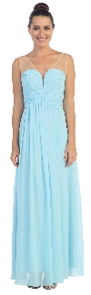 V-Neck Mesh Shoulders Shirred Bust Long Bridesmaid Dress in Light Blue