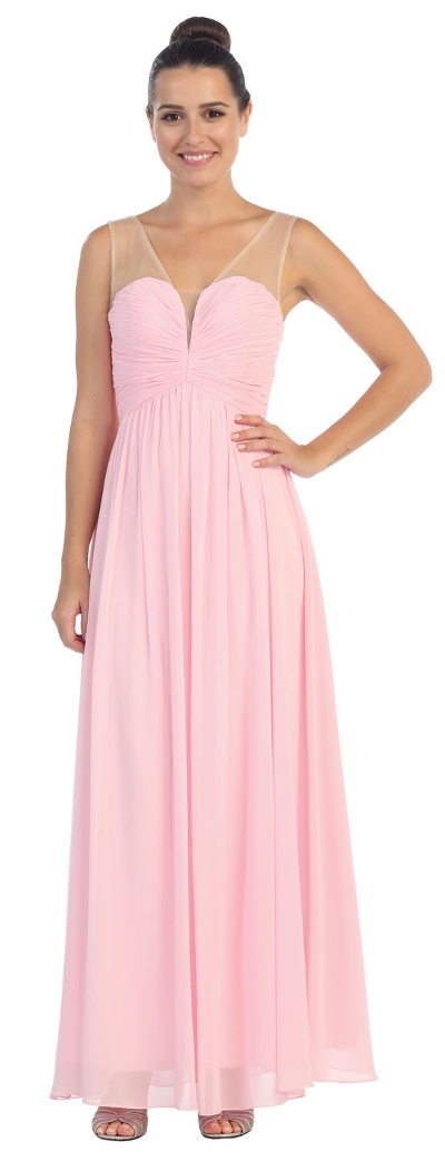 V-Neck Mesh Shoulders Shirred Bust Long Bridesmaid Dress