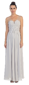 V-Neck Mesh Shoulders Shirred Bust Long Bridesmaid Dress in Silver