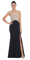 Rhinestones Mesh Top Flared Skirt Long Prom Dress in Black