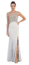 Rhinestones Mesh Top Flared Skirt Long Prom Dress in Silver