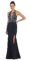 Halter Neck Rhinestones Bust Flared Skirt Long Prom Dress in Black