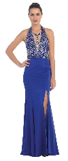 Halter Neck Rhinestones Bust Flared Skirt Long Prom Dress in Royal Blue