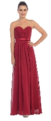 Strapless Pleated Bust Bow Waist Long Bridesmaid Dress in Burgundy