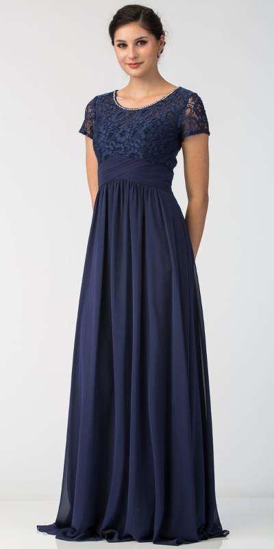 Floral Lace Top Short Sleeves Long Bridesmaid MOB Dress