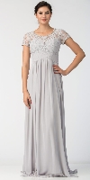 Floral Lace Top Short Sleeves Long Bridesmaid MOB Dress in Silver