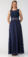 Mock Two Piece Lace Bodice Floor Length Prom Dress in Navy