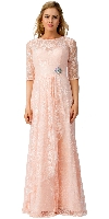Main image of Round Neck Half Sleeves Floral Mesh Long Bridesmaid Dress