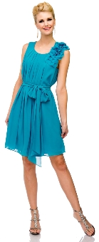 Pleated Short Graduation Dress with Floral Shoulder & Waist Sash. 11423.