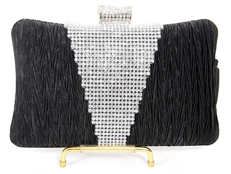 Crocheted Satin Metal Frame Evening Bag in Black. 3372-bk.