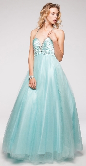 V-Neck Satin Bodice Puffy Mesh Skirt Formal Quinceanera Dress. a606.