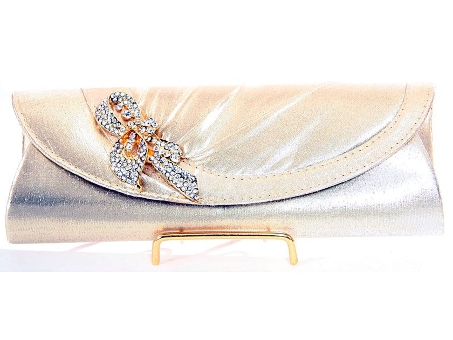 Satin Evening Bag with Studded Brooche in Gold. hy-5539-gd.